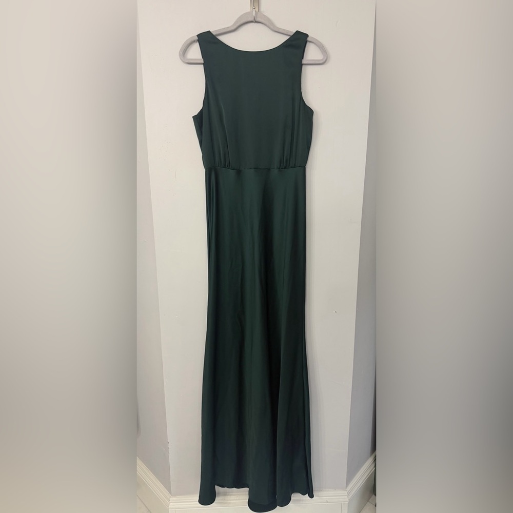 BHLDN Deep Forest Green Sleek Satiny High Neck Back V Womens 8 Formal Maxi Dress